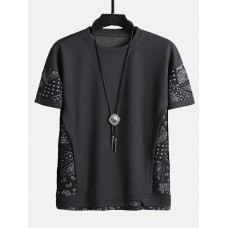 Mens Ethnic Paisley Print Stitching Texture Streetwear Short Sleeve T  Shirts